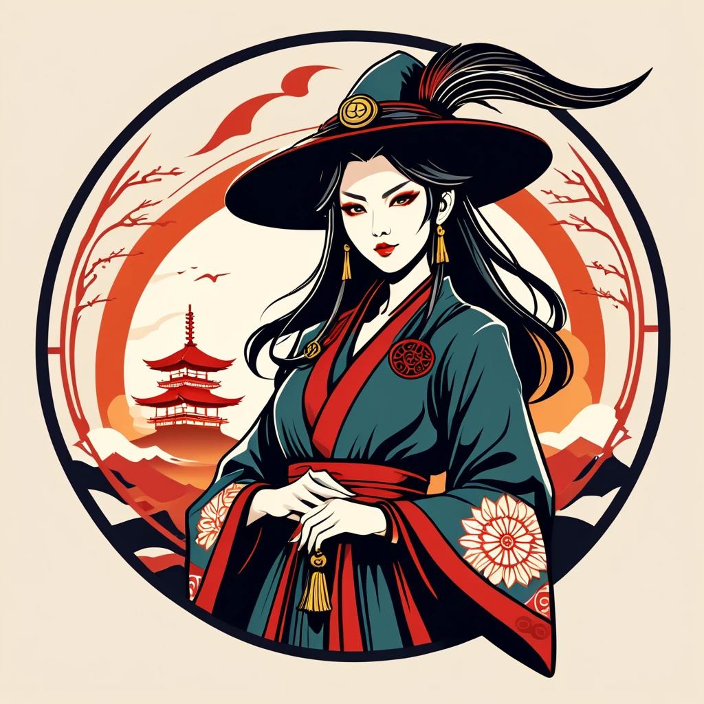 female warlock in japan folk outfit, vector graphics, strong contours, logo design
