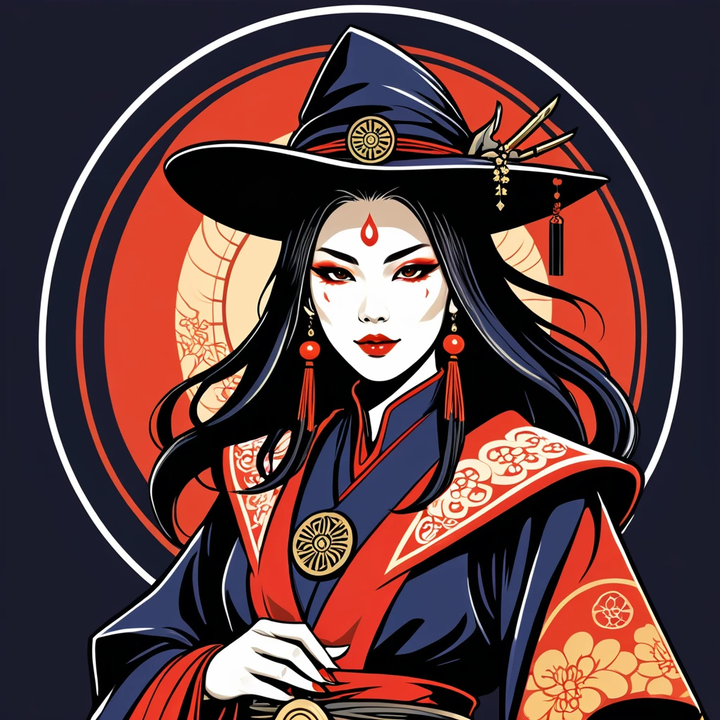female warlock in japan folk outfit, vector graphics, strong contours, logo design