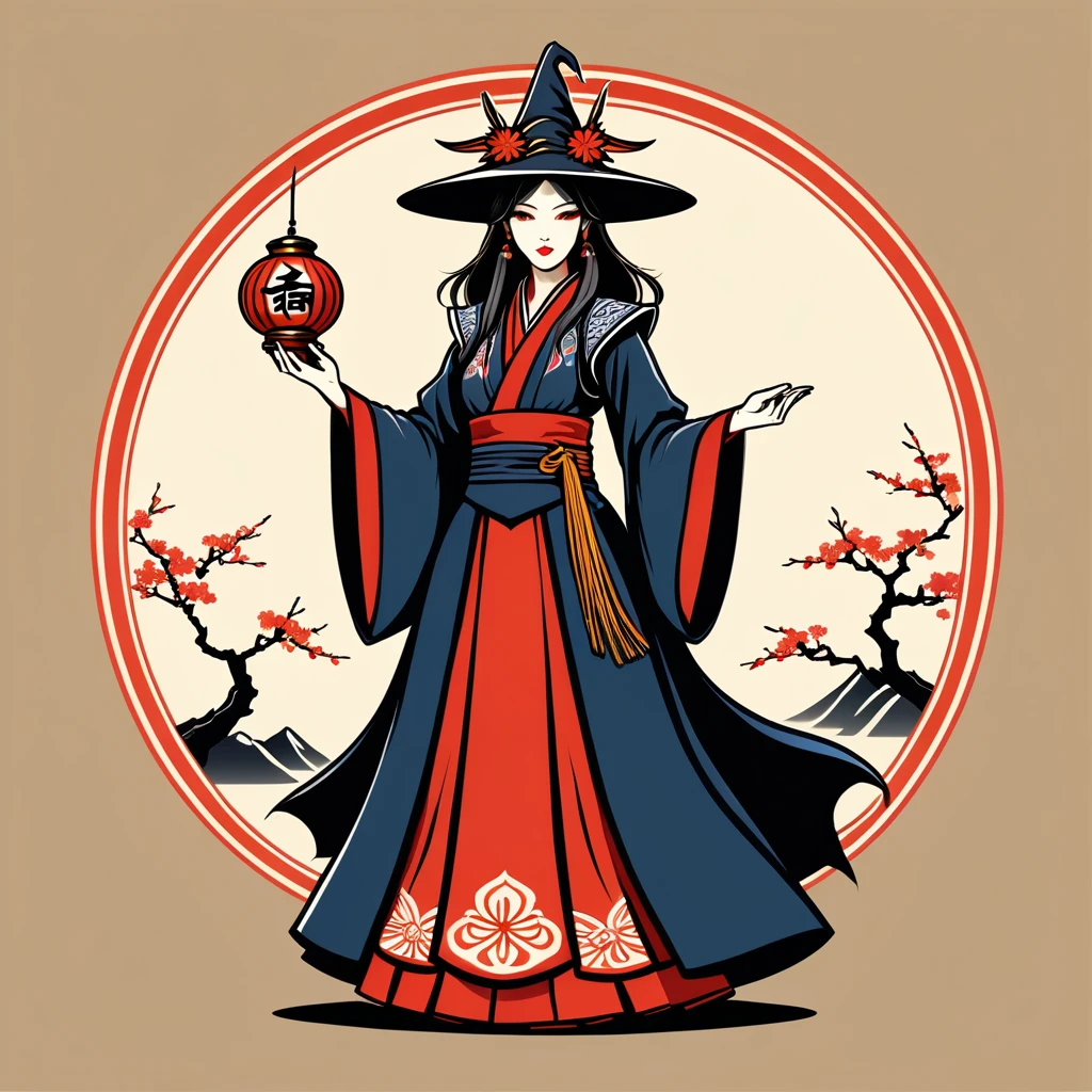 female warlock in japan folk outfit, vector graphics, strong contours, logo design