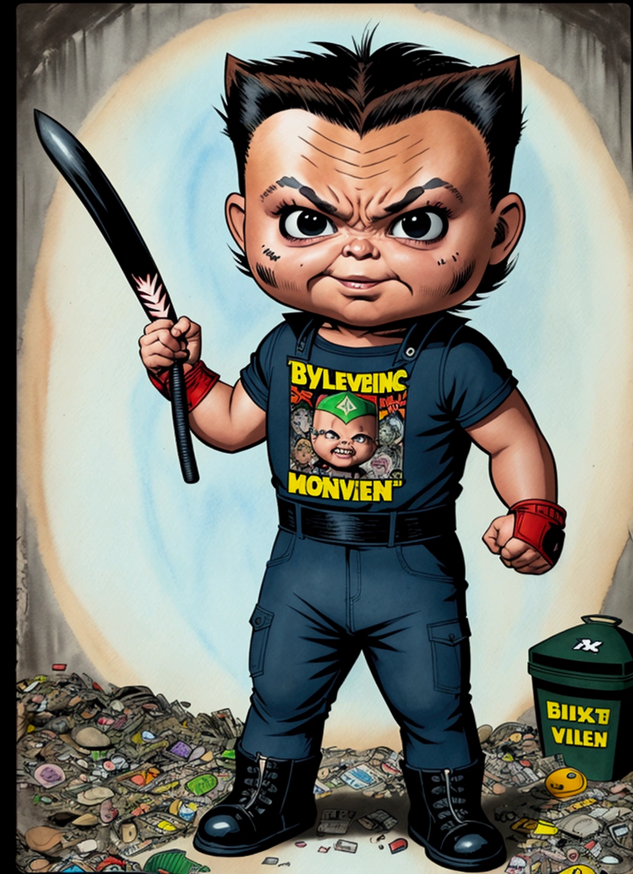 X-men Wolverine , bat in left hand, ((garbage pail kids style)), in a boxing ring, cartoon, high quality, watercolor, detailed full body