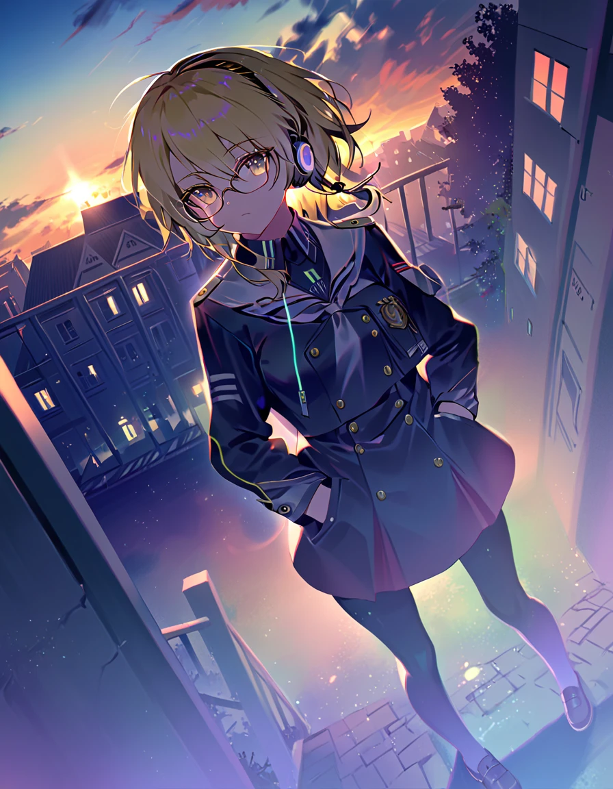 Highest quality、High resolution、Masterpiece、Blonde short、Glasses、uniform、high school girl、Dusk and school building、headphone、Put your hands in your pockets、High angle、Luminous