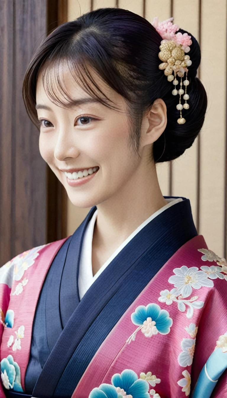 ((Highest quality)), ((masterpiece)), (detailed), (Perfect Face)、(That woman is Lena, Short pink hair and a sweet smile. She lives in a luxurious samurai mansion、Wife of Oda Nobunaga. She is gorgeous, Colorful, A kimono with patterns and embroidery, Traditional Japanese hairstyle, Gorgeous combs and gorgeous ornaments from the Edo period.)、The man and the woman are close, My husband is 60 years old.、My wife is 32 years old..、That man is Oda Nobunaga., A dignified man with a beard, Wearing a crested hakama.