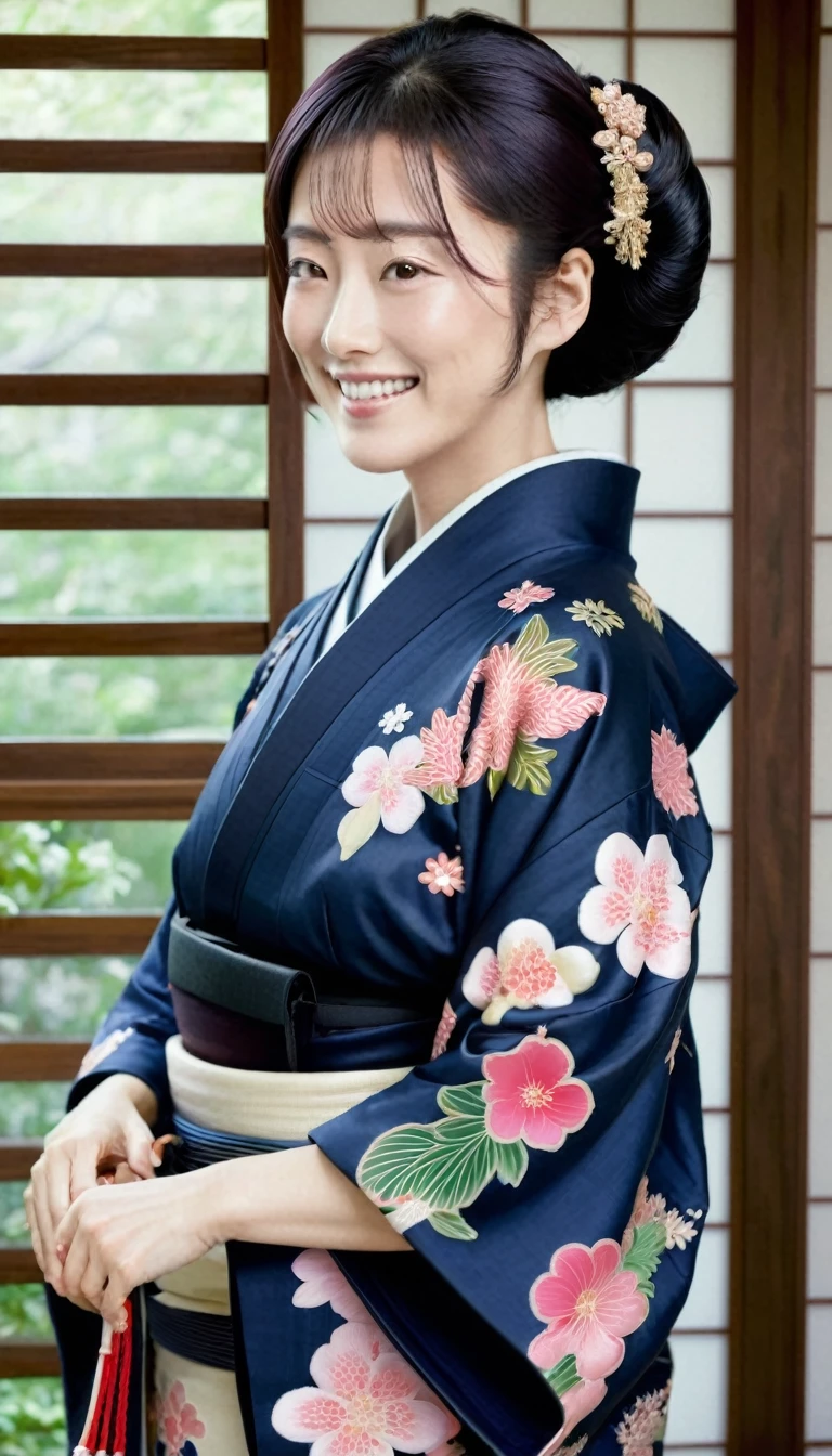 ((Highest quality)), ((masterpiece)), (detailed), (Perfect Face)、(That woman is Lena, Short pink hair and a sweet smile. She lives in a luxurious samurai mansion、Wife of Oda Nobunaga. She is gorgeous, Colorful, A kimono with patterns and embroidery, Traditional Japanese hairstyle, Gorgeous combs and gorgeous ornaments from the Edo period.)、The man and the woman are close, My husband is 60 years old.、My wife is 32 years old..、That man is Oda Nobunaga., A dignified man with a beard, Wearing a crested hakama.