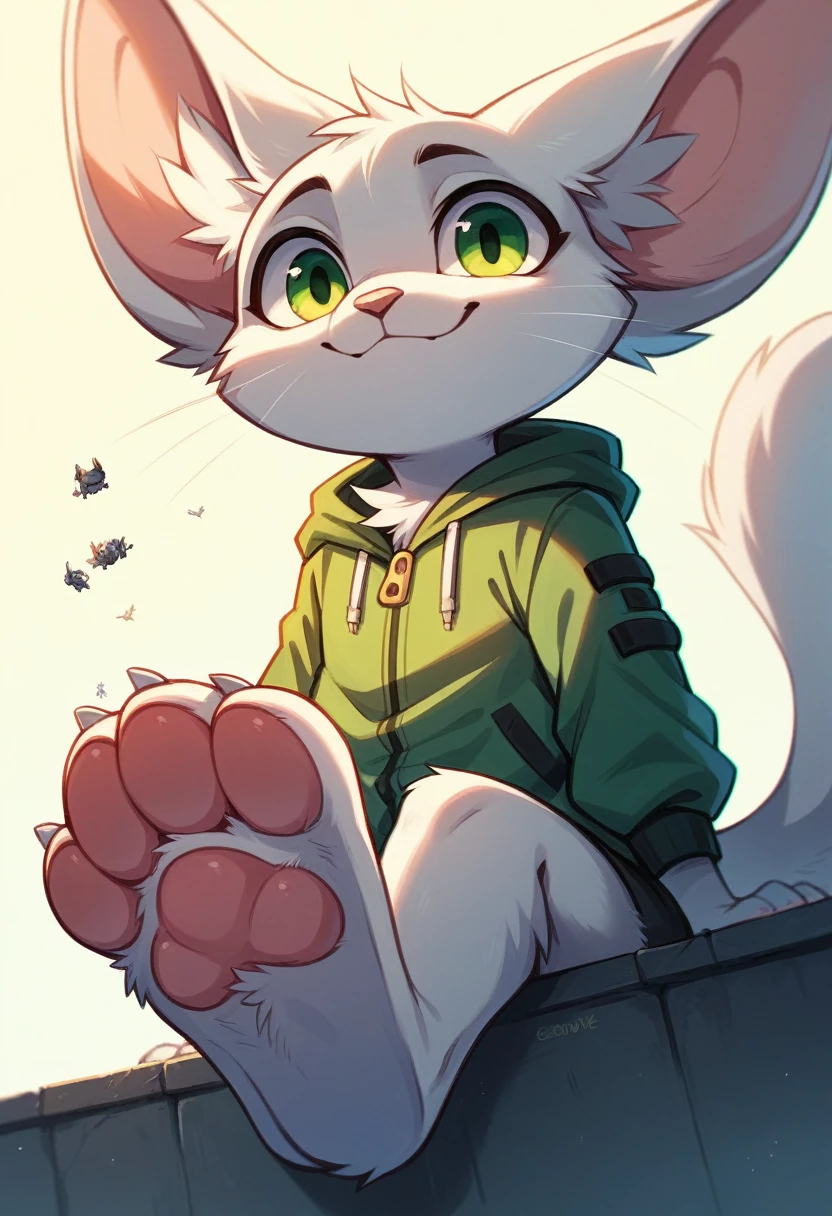anthro, cat, white fur, green eyes, green jacket, big ears, furry, looking down, Viewers look at, Viewer looks up, smiling, above standing, Macro, Fußfocus, alone, good lighting, Focus on feet, raised foot, Focus on the bottom of the foot, fluffy, furry paws, Paw pads, schwarze Paw pads, stomp something, adult