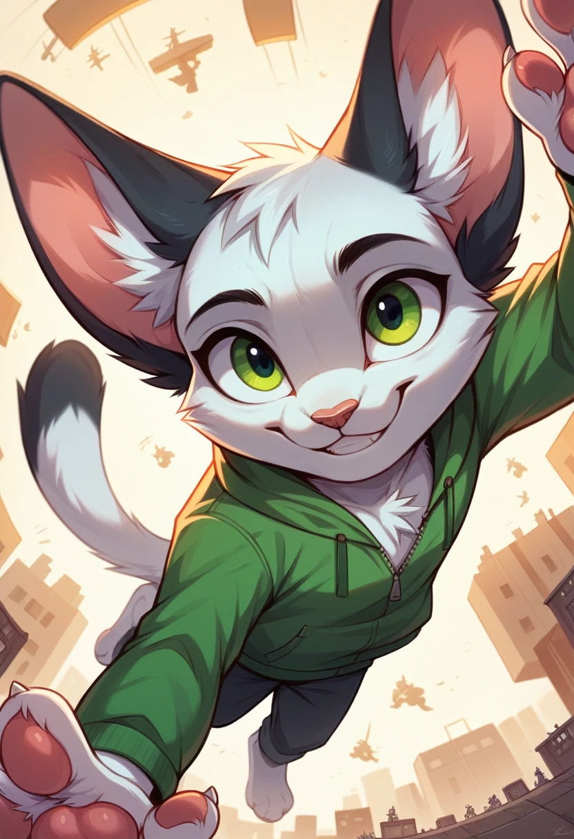 anthro, cat, white fur, green eyes, green jacket, big ears, furry, looking down, Viewers look at, Viewer looks up, smiling, above standing, Macro, Fußfocus, alone, good lighting, Focus on feet, raised foot, Focus on the bottom of the foot, fluffy, furry paws, Paw pads, schwarze Paw pads, stomp something, adult