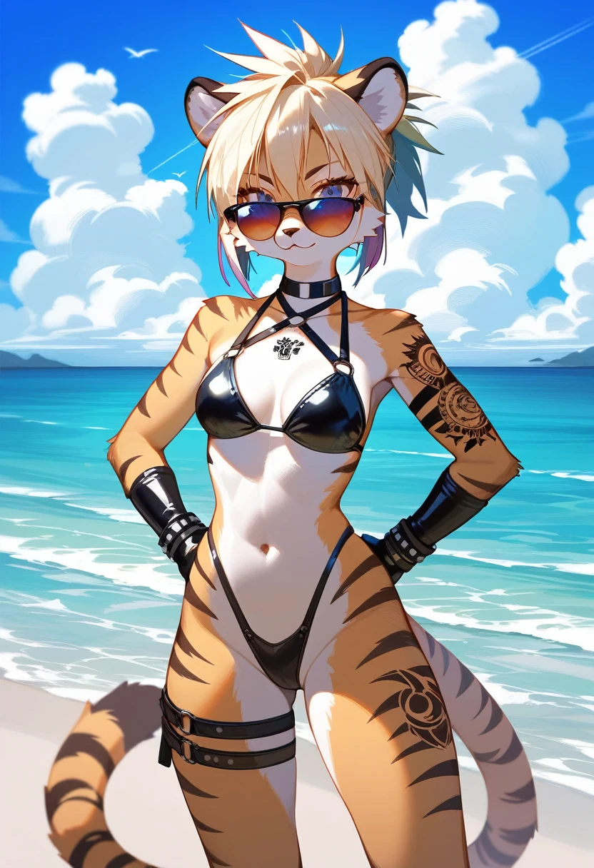 Highest quality, Highest quality, High quality illustrations, masterpiece, Ultra-high resolution, Detailed Background, beach, Absurd, Perfect Anatomy, performance, Good lighting, Shadows in the movies(kemono, Furry Personifi猫ion), Saber Tiger, latex, neon, neonカラー, cyber punk, Swimwear, bikini, sunglasses, Tattoo, Dynamic Angle