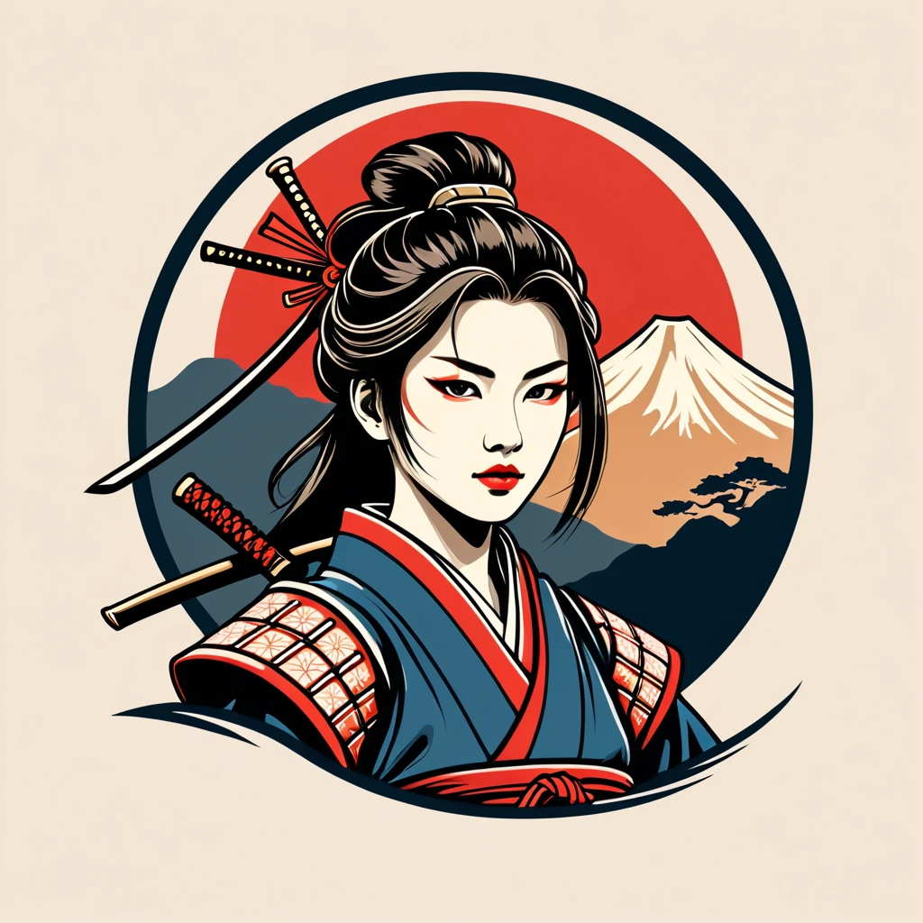 female samurai in japan folk outfit, vector graphics, strong contours, logo design
