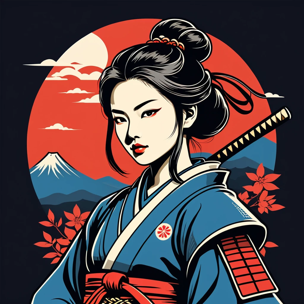 female samurai in japan folk outfit, vector graphics, strong contours, logo design