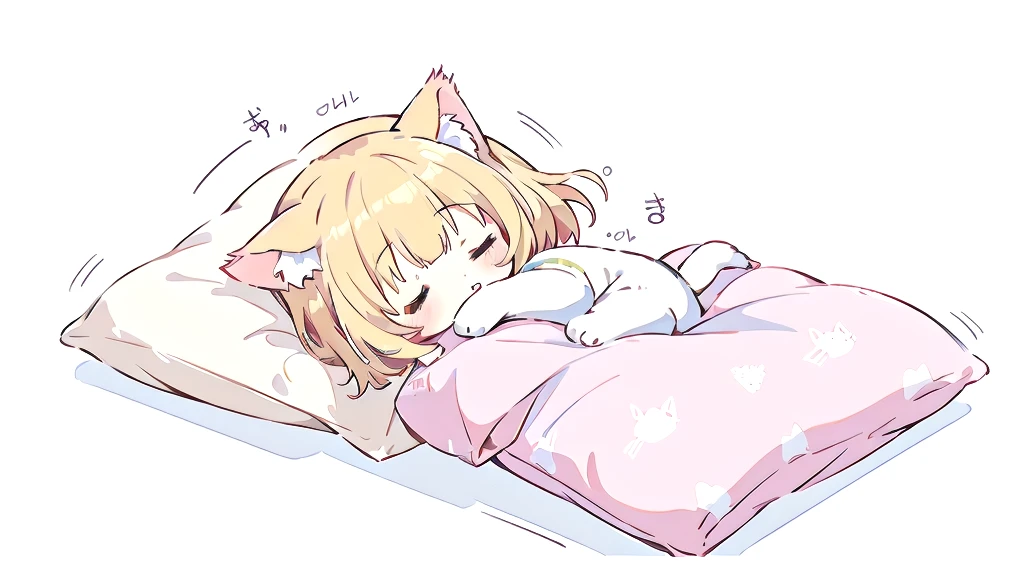 cute少女の部屋、Short Hair、A cartoon of a cat sleeping on a pillow and another cat sleeping on it, there is nothingmimi, Cat girl, Beasts, There is a cat next to her, Cat girl, cute anime Cat girl, Ah ah, there is nothing, anime Cat girl, Anime Cat, dlc, Pink nightcap、Blonde Hair、Sleeping on a futon、cute、Chibi Character