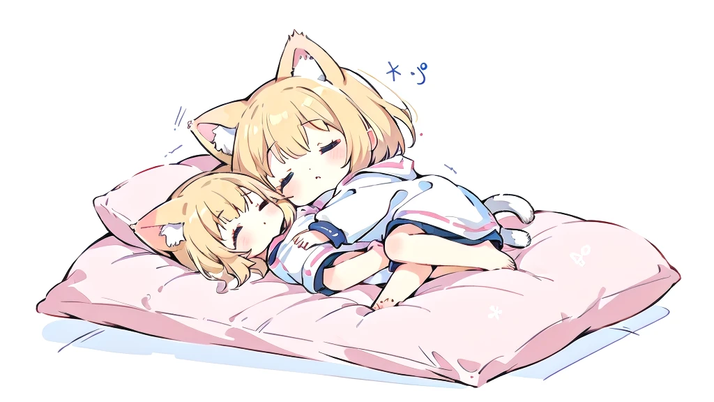 cute少女の部屋、Short Hair、A cartoon of a cat sleeping on a pillow and another cat sleeping on it, there is nothingmimi, Cat girl, Beasts, There is a cat next to her, Cat girl, cute anime Cat girl, Ah ah, there is nothing, anime Cat girl, Anime Cat, dlc, Pink nightcap、Blonde Hair、Sleeping on a futon、cute、Chibi Character