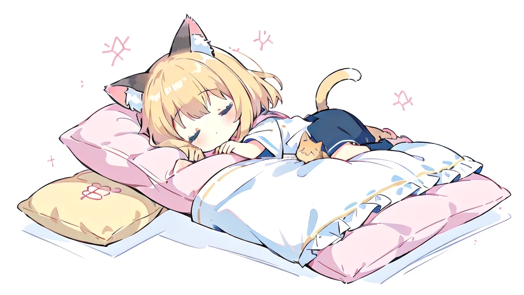 cute少女の部屋、Short Hair、A cartoon of a cat sleeping on a pillow and another cat sleeping on it, there is nothingmimi, Cat girl, Beasts, There is a cat next to her, Cat girl, cute anime Cat girl, Ah ah, there is nothing, anime Cat girl, Anime Cat, dlc, Pink nightcap、Blonde Hair、Sleeping on a futon、cute、Chibi Character