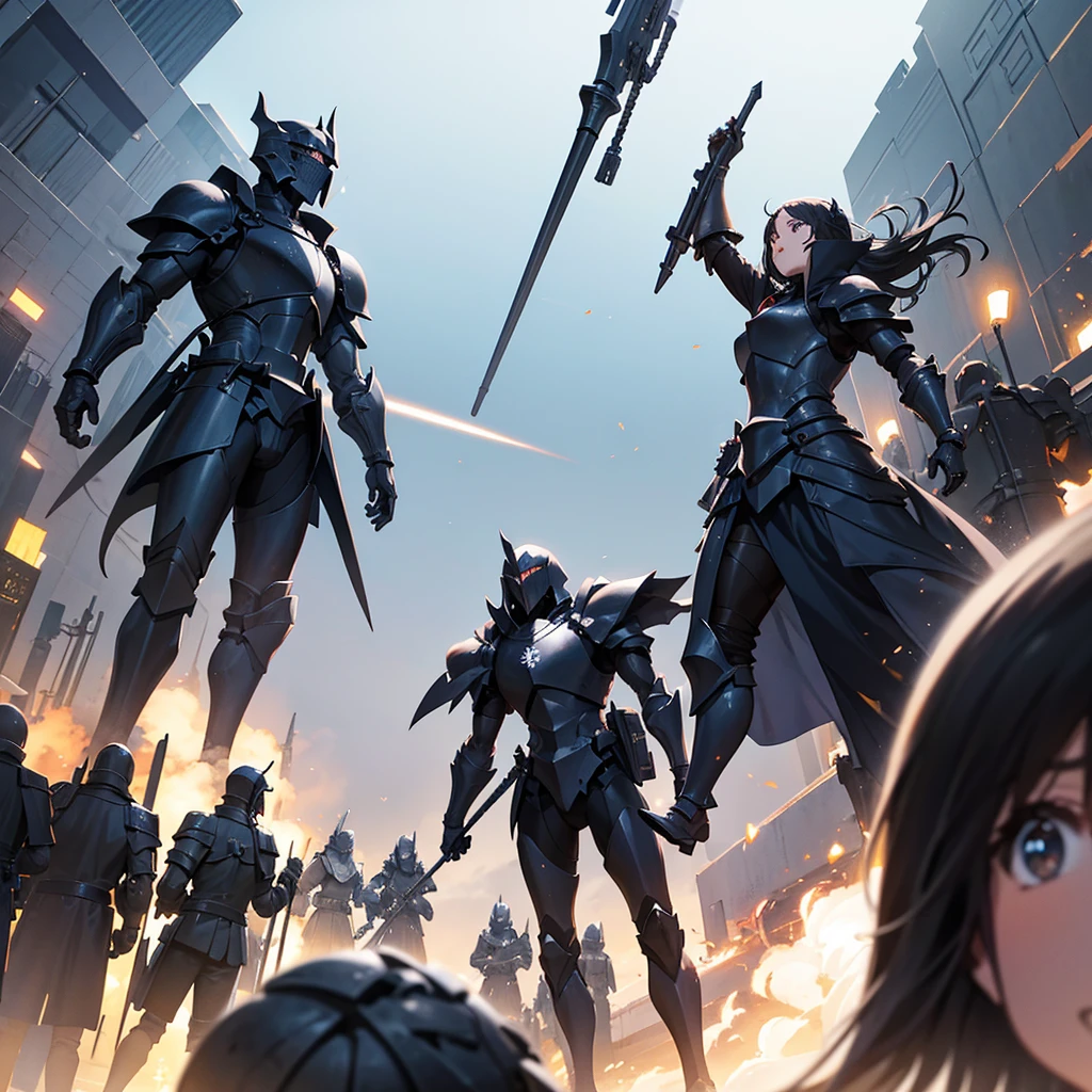 Crowd of black armored Knights raising their weapons in the air energetically