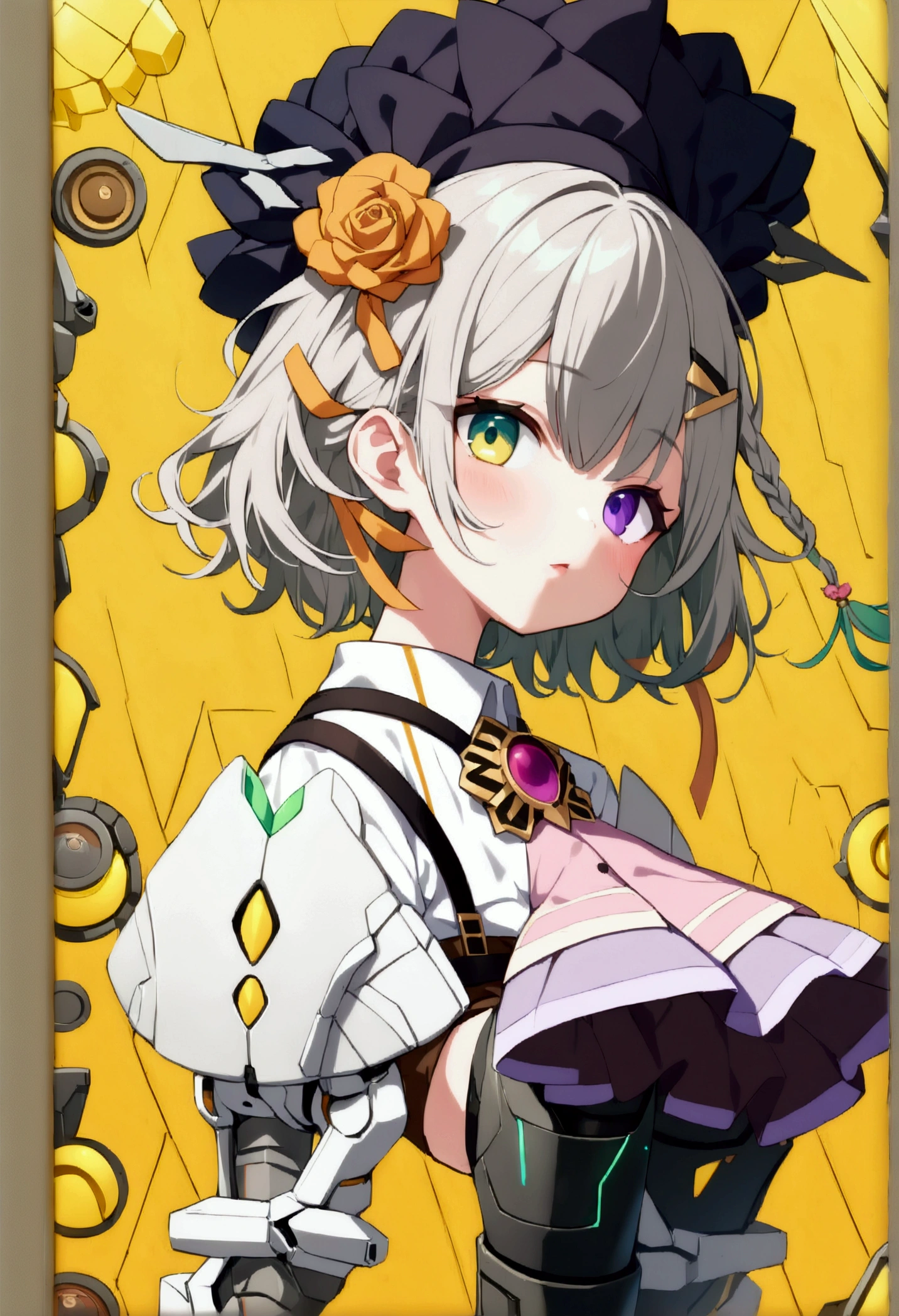 woman 165cm tall, slim build, , charming look, ((heterocromia: look like, right naranja y look like izquierdo violeta)), (Shoulder Length Wavy Gray Hair, a short braid on the left side of the hair, big open bangs, golden gear hairpin on the left side of the hair), (((complex mechanical legs up to the hip, The legs are black with gray parts with small pink details))), (((complex mechanical arms up to the elbows, The arms are black with gray parts with small pink details))), ((complex white mechanical wings with pastel green parts)), (elegant black French beret with an orange rose ribbon), (stylish white short sleeve button down shirt, dark brown shorts from the waist, elegant black belt, small rose brooch on shirt collar, beautiful mechanical stilettos), (((character design sheet: Front view))), ((Pastel yellow background)), extremely detailed beautiful hair, beautiful detailed clothing, extremely detailed arms, extremely detailed face, (Extremely detailed hands), perfect hands, small face, hermosos look likes detallados, beautiful detailed lips, adorable, extremely detailed legs, (Best Quality, 8k, ultra resolution), ultra detailed, Exquisite and epic character art, (Focus on symmetry), (extremely detailed wings), (body position: standing, right, symmetrical), looking at the viewer, (whole body).