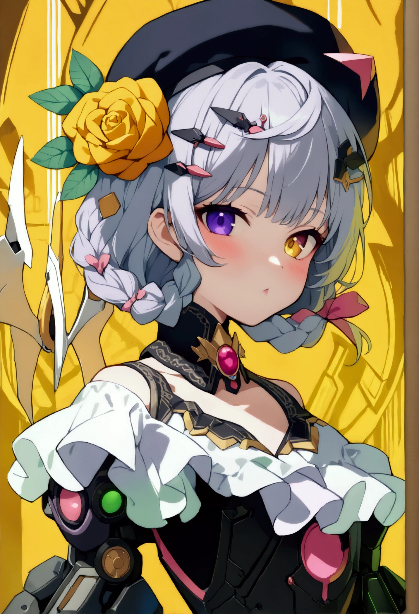 woman 165cm tall, slim build, , charming look, ((heterocromia: look like, right naranja y look like izquierdo violeta)), (Shoulder Length Wavy Gray Hair, a short braid on the left side of the hair, big open bangs, golden gear hairpin on the left side of the hair), (((complex mechanical legs up to the hip, The legs are black with gray parts with small pink details))), (((complex mechanical arms up to the elbows, The arms are black with gray parts with small pink details))), ((complex white mechanical wings with pastel green parts)), (elegant black French beret with an orange rose ribbon), (stylish white short sleeve button down shirt, dark brown shorts from the waist, elegant black belt, small rose brooch on shirt collar, beautiful mechanical stilettos), (((character design sheet: Front view))), ((Pastel yellow background)), extremely detailed beautiful hair, beautiful detailed clothing, extremely detailed arms, extremely detailed face, (Extremely detailed hands), perfect hands, small face, hermosos look likes detallados, beautiful detailed lips, adorable, extremely detailed legs, (Best Quality, 8k, ultra resolution), ultra detailed, Exquisite and epic character art, (Focus on symmetry), (extremely detailed wings), (body position: standing, right, symmetrical), looking at the viewer, (whole body).