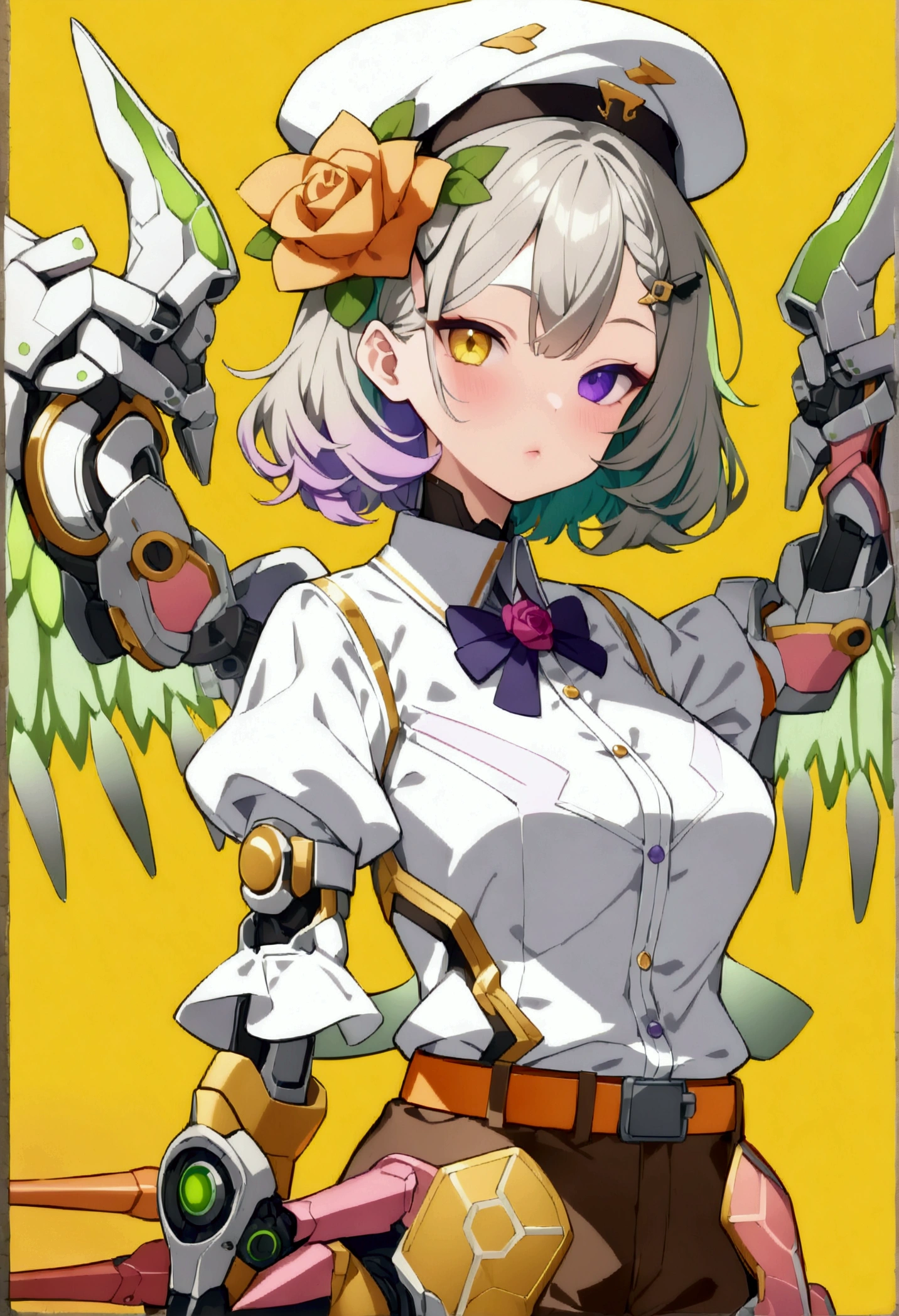 woman 165cm tall, slim build, , charming look, ((heterocromia: look like, right naranja y look like izquierdo violeta)), (Shoulder Length Wavy Gray Hair, a short braid on the left side of the hair, big open bangs, golden gear hairpin on the left side of the hair), (((complex mechanical legs up to the hip, The legs are black with gray parts with small pink details))), (((complex mechanical arms up to the elbows, The arms are black with gray parts with small pink details))), ((complex white mechanical wings with pastel green parts)), (elegant black French beret with an orange rose ribbon), (stylish white short sleeve button down shirt, dark brown shorts from the waist, elegant black belt, small rose brooch on shirt collar, beautiful mechanical stilettos), (((character design sheet: Front view))), ((Pastel yellow background)), extremely detailed beautiful hair, beautiful detailed clothing, extremely detailed arms, extremely detailed face, (Extremely detailed hands), perfect hands, small face, hermosos look likes detallados, beautiful detailed lips, adorable, extremely detailed legs, (Best Quality, 8k, ultra resolution), ultra detailed, Exquisite and epic character art, (Focus on symmetry), (extremely detailed wings), (body position: standing, right, symmetrical), looking at the viewer, (whole body).