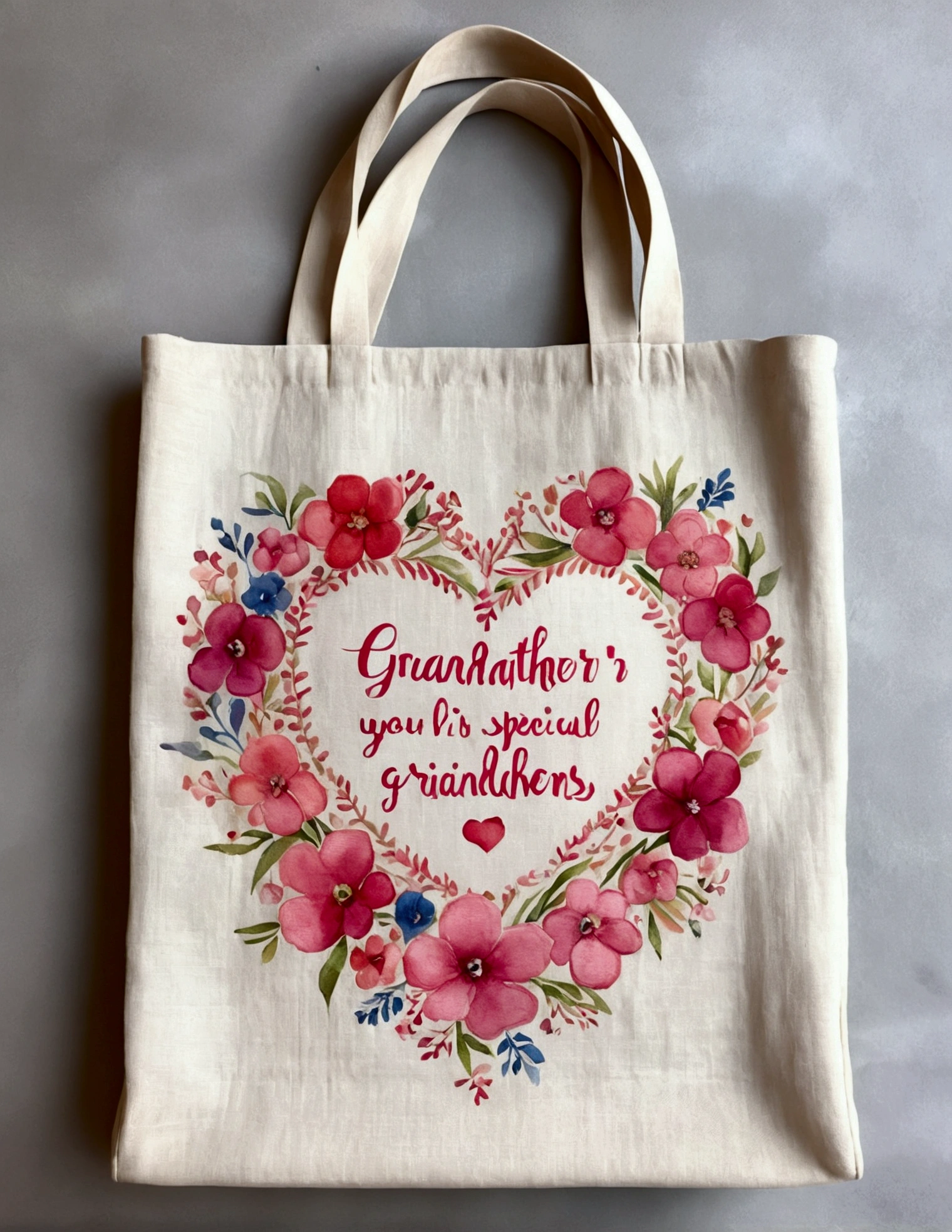 bag made of linen, has a heart-shaped, floral frame, Delicate watercolor flowers in vibrant pink and pink tones, Engaging illustrations. The text "grandmother, you are very special, It is like you, there is no equal! Memento, of your beloved grandchildren".