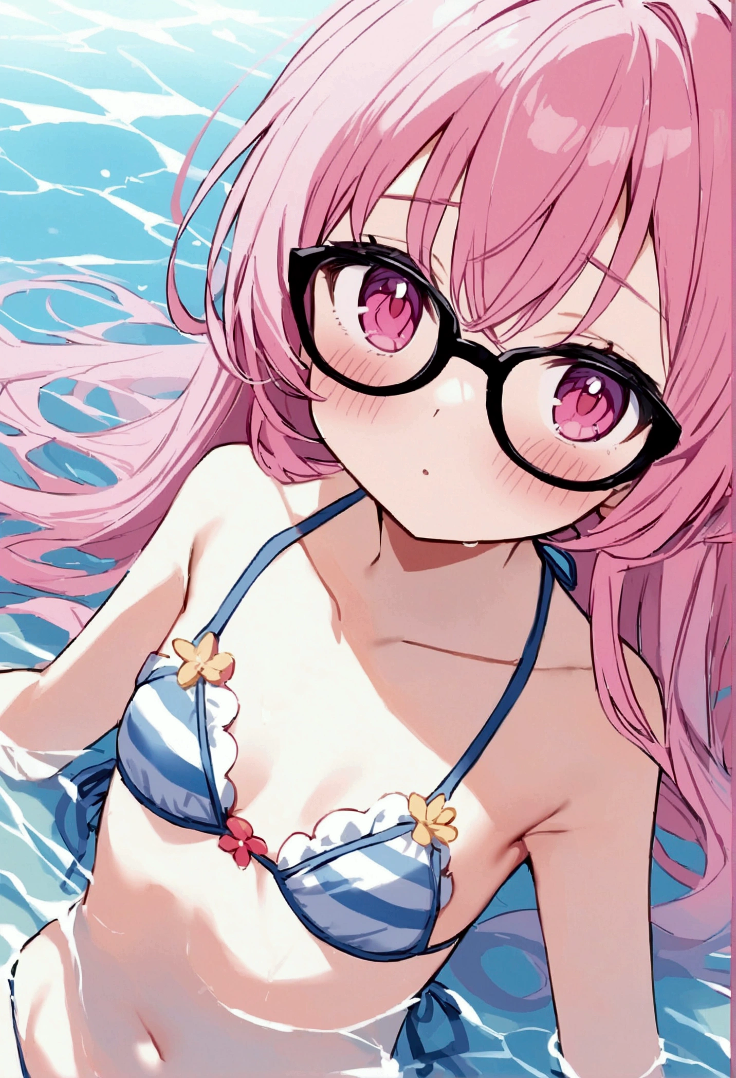 pink hair black glasses pink eyes extremely blushing she has very small breasts she wears a bikini she is a reserved girl who is in the sea