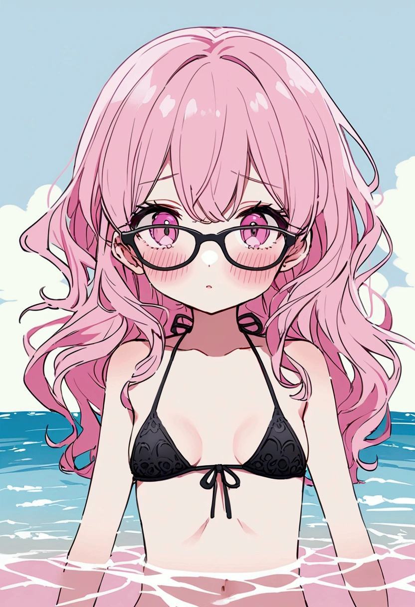 pink hair black glasses pink eyes extremely blushing she has very small breasts she wears a bikini she is a reserved girl who is in the sea