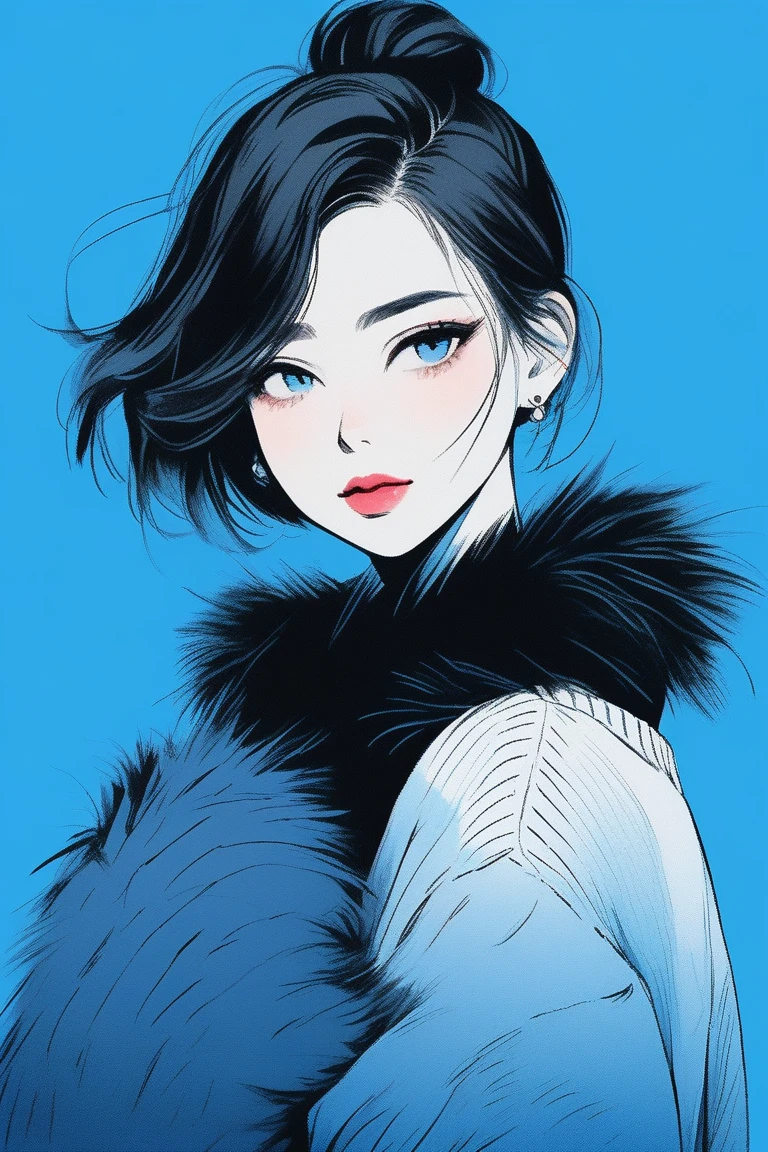 illustrator, cheered up , realist ,Sketch , 1 girl, ,lip, sweater,order, Blue gradient background, black fur,textured edge, Canadian, (masterpiece,Best Quality) ganyou