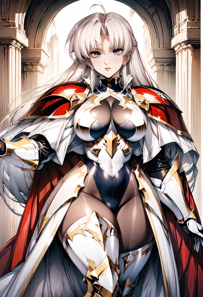 ((highest quality)), ((masterpiece)), ((hyperrealistic)), (detailed background), 1girl, ((curvy: 1.2)), perfect face, Langrisser, makeup, holding weapon, ((high neck racing leotard: 1.5)), ((catsuit)), ((white paladin armor: 1.3)), ((long skirt)), (cloak de cour), gauntlet, gloves, silver straight hair, ahoge, parted bangs, (huge breasts), (see-through cleavage cutout), (pantyhose thigh), (zettai ryouiki armored thigh high boots), beautiful eyes, Perfect hands, perfect fingers,