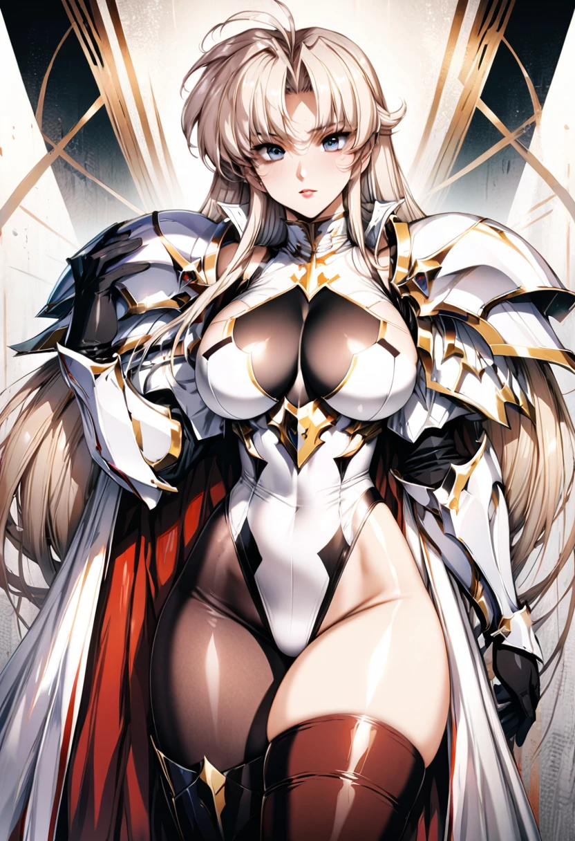 ((highest quality)), ((masterpiece)), ((hyperrealistic)), (detailed background), 1girl, ((curvy: 1.2)), perfect face, Langrisser, makeup, holding weapon, ((high neck racing leotard: 1.5)), ((catsuit)), ((white paladin armor: 1.3)), ((long skirt)), (cloak de cour), gauntlet, gloves, silver straight hair, ahoge, parted bangs, (huge breasts), (see-through cleavage cutout), (pantyhose thigh), (zettai ryouiki armored thigh high boots), beautiful eyes, Perfect hands, perfect fingers,