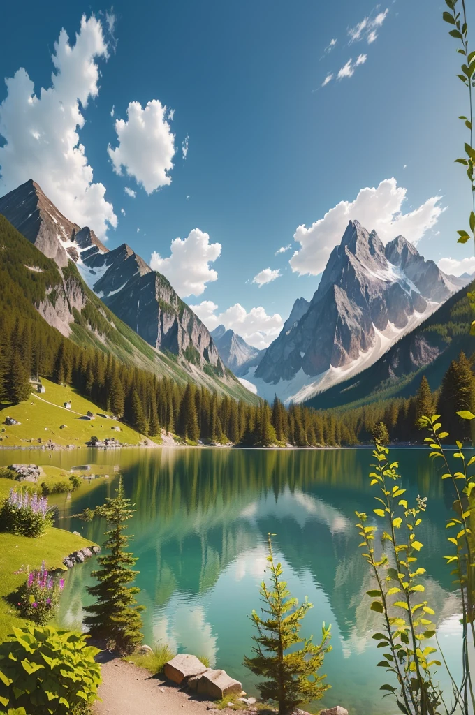 there is a lake with a mountain in the background, a photo of a lake on a sunny day, by Franz Hegi, by Werner Andermatt, sharp focus on scenery, a lake between mountains, mountains and lakes, very very beautiful scenery, very very very beautiful scenery, stunning scenery, very beautiful scenery, istock, lakeside mountains, nature outside