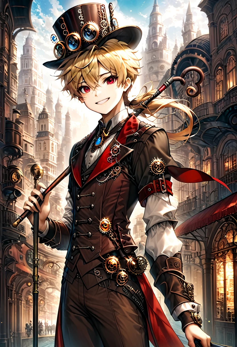 One young boy, red ruby eye, beautiful face like girl, ponytailed blonde, in noble suit. City background. Steampunk Hat. Cane. Noble. Smile