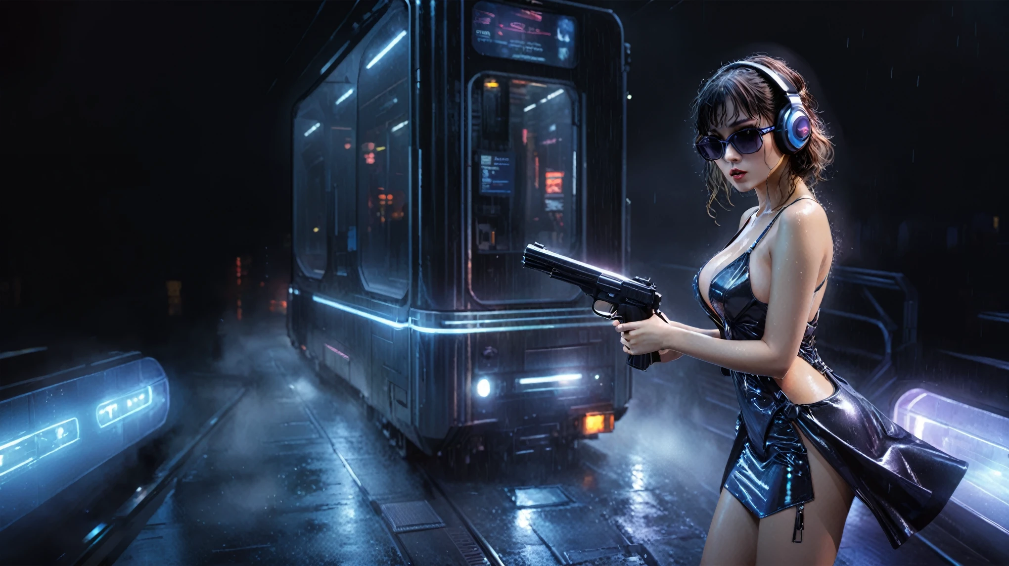 (((aerial view))), Blade Runner style futuristic railway platform, hi-tech train, neon lights, rainy night. (1girl, solo, alone), large-breast:1.2 slim body, cleavage:1.1, sexy wind blowing wet dress:1.4, headphone, (black sunglasses), (((she raised a pistol:1.8 and shot:1.8 the viewer))), dynamic pose, (((half-body thigh level medium shot))), cinematic lighting, lens flare, ray tracing, blurred:1.4 background.