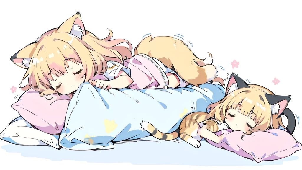 A cartoon of a cat sleeping on a pillow and another cat sleeping on it, there is nothingmimi, Cat girl, Beasts, There is a cat next to her, Cat girl, cute anime Cat girl, Ah ah, there is nothing, anime Cat girl, Anime Cat, dlc, Pink nightcap、Blonde Hair、Sleeping on a futon、cute、Chibi Character