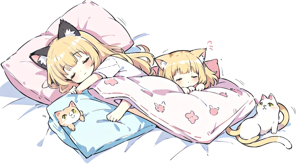 A cartoon of a cat sleeping on a pillow and another cat sleeping on it, there is nothingmimi, Cat girl, Beasts, There is a cat next to her, Cat girl, cute anime Cat girl, Ah ah, there is nothing, anime Cat girl, Anime Cat, dlc, Pink nightcap、Blonde Hair、Sleeping on a futon、cute、Chibi Character