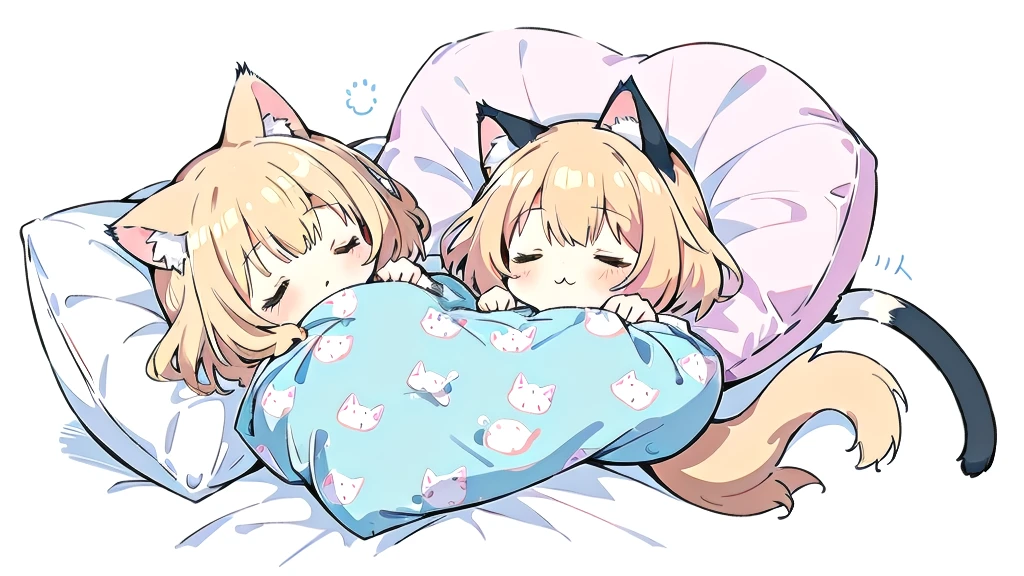 A cartoon of a cat sleeping on a pillow and another cat sleeping on it, there is nothingmimi, Cat girl, Beasts, There is a cat next to her, Cat girl, cute anime Cat girl, Ah ah, there is nothing, anime Cat girl, Anime Cat, dlc, Pink nightcap、Blonde Hair、Sleeping on a futon、cute、Chibi Character