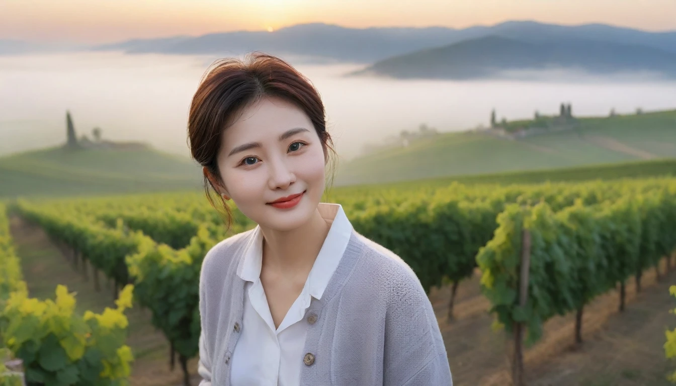 8k realistic, lifelike photo,, 36 year old Korean woman, Short in stature, pretty like a model. White shirt and short cardigan, casual pants, short medium hair, Smiley, Italy. vineyard, thick dawn fog. vineyard 멀리 짙은 안개 속으로 성당이 보인다. 1 woman, Short in stature, Excellent picture quality, The morning fog is thick, The picture quality is alive. 옆면 look up, sunrise red light, A monastery can be seen in the distance, . Smiley, Wide angle lens full body shot, look up