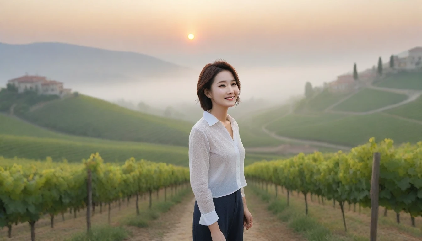 8k realistic, lifelike photo,, 36 year old Korean woman, Short in stature, pretty like a model. White shirt and short cardigan, casual pants, short medium hair, Smiley, Italy. vineyard, thick dawn fog. vineyard 멀리 짙은 안개 속으로 성당이 보인다. 1 woman, Short in stature, Excellent picture quality, The morning fog is thick, The picture quality is alive. 옆면 look up, sunrise red light, A monastery can be seen in the distance, . Smiley, Wide angle lens full body shot, look up