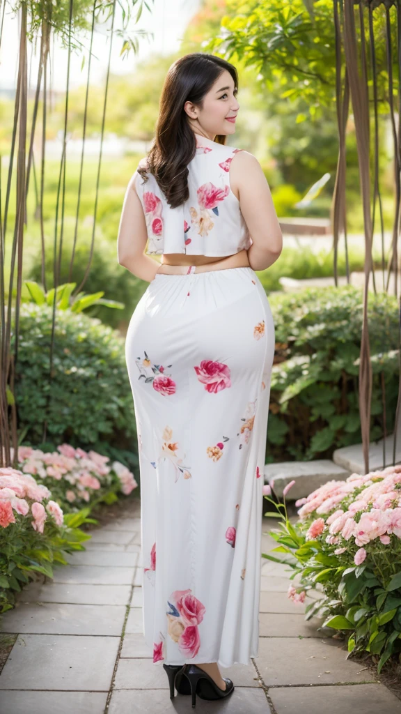 Height 1.85 meters,Smiling fat woman ,Oval face, 大白Long legs, Wearing a red floral loose silk shirt and pleated skirt, Thin waist and thick hips, Hip width, Soft curves, hyperPractical full figure, Wearing a cute top, Long legs,,thickness, Beautiful plump woman, A woman with beautiful curves*****Target,Clear curve details, Curvy hourglass figure, Charming plus size models, bbw酱, full image, Surface Model, Curvy body, (full-body shot)blush, 1girll fat , Golden Ratio,(White and tender skin:),High quality background, HD, Practical, HDR. pedestrian mall,Skin as white as paper,High heel,Sit on a slate,Flowers