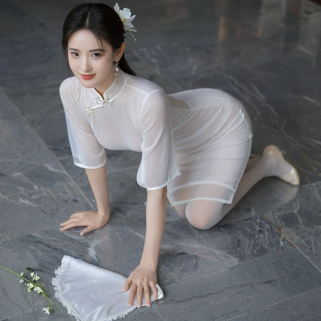 raw photo, realistic, Liu Yifei wears thin transparent white silk qipao, very light smile, (extreme detailed face, detailed skin), slim body, tight waist, thin thighs, thin legs, huge round breasts, pearl earrings, long ponytail hairstyle, thin stockings, (hold small silk handkerchief in hands), crouch on smooth reflective marble floor, thin stockings, flowers, film lighting, soft lights on face, dark background, windy, warm tone.