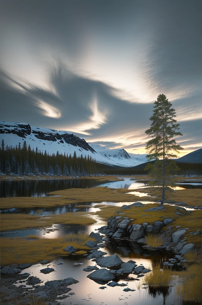 there is a small pond in the middle of a rocky area, nordic landscape, norwegian landscape, taiga landscape, lapland, in a vast serene landscape, inspired by Eero Järnefelt, northern finland, summer evening, inspired by Jens Jørgen Thorsen, by Anton Lehmden, swamp landscape, by Eero Järnefelt