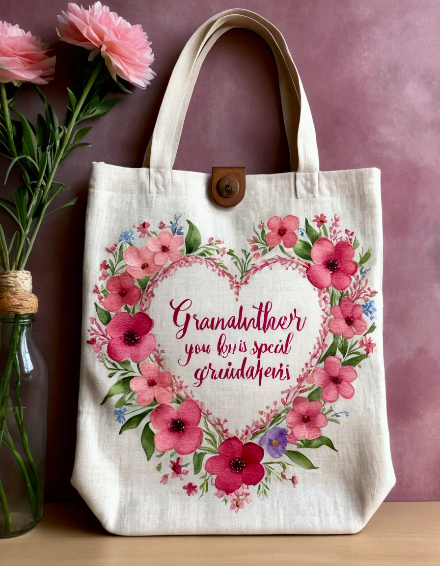 bag made of linen, has a heart-shaped, floral frame, Delicate watercolor flowers in vibrant pink and pink tones, Engaging illustrations. The text "grandmother, you are very special, It is like you, there is no equal! Memento, of your beloved grandchildren".