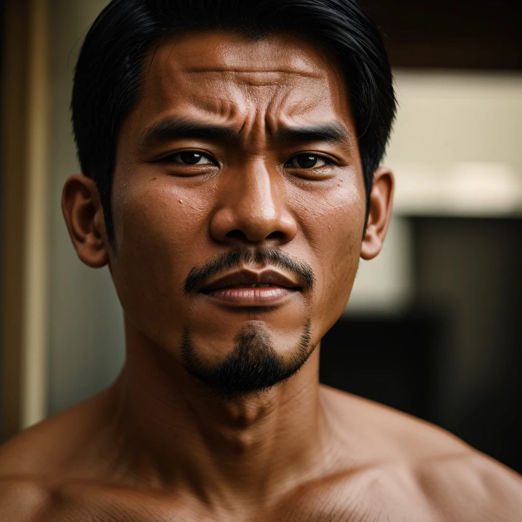 a handsome Indonesian man face expression holding back tears, sweaty face