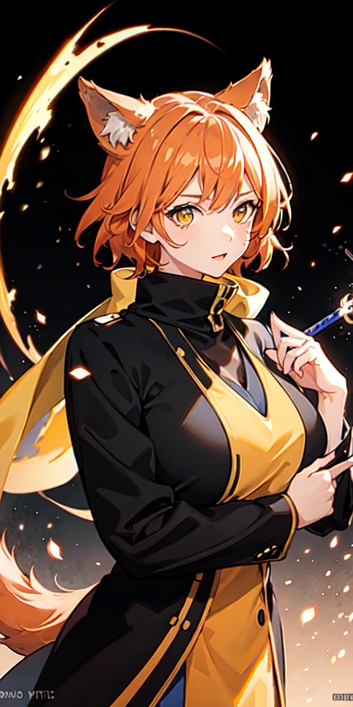 upper body, 1girl, orange hair, wolf tail haircut, yellow eyes, (ninja), short sword, huge breats , yellow scarf, wallpaper, magic circle background, light particles, green wind,