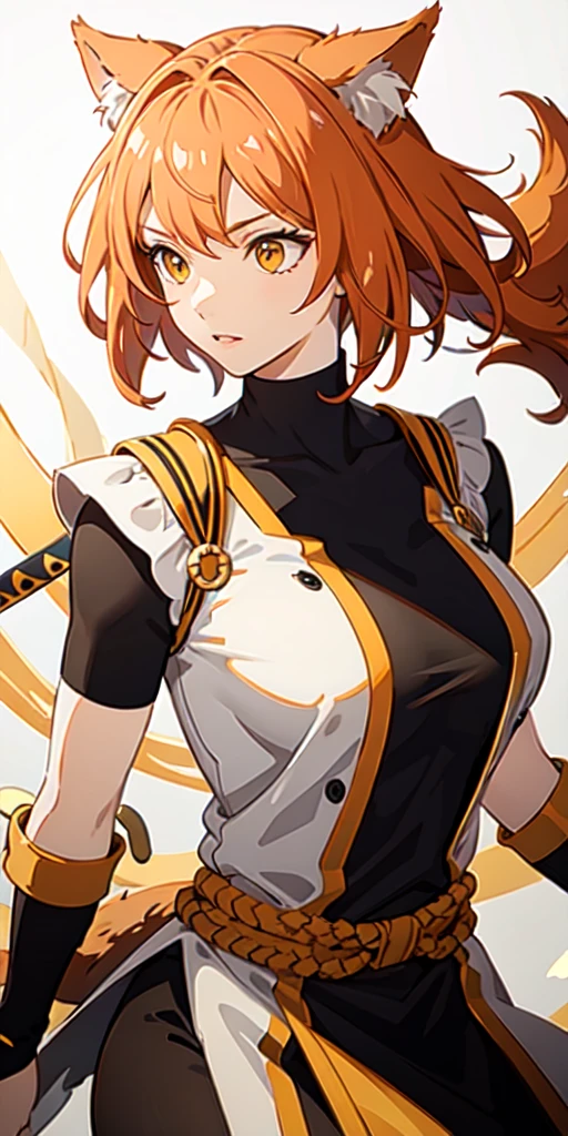 upper body, 1girl, orange hair, wolf tail haircut, yellow eyes, (ninja), short sword, huge breats , yellow scarf, wallpaper, magic circle background, light particles, green wind,