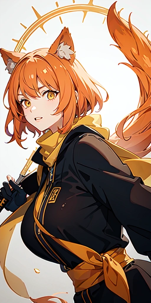 upper body, 1girl, orange hair, wolf tail haircut, yellow eyes, (ninja), short sword, huge breats , yellow scarf, wallpaper, magic circle background, light particles, green wind,