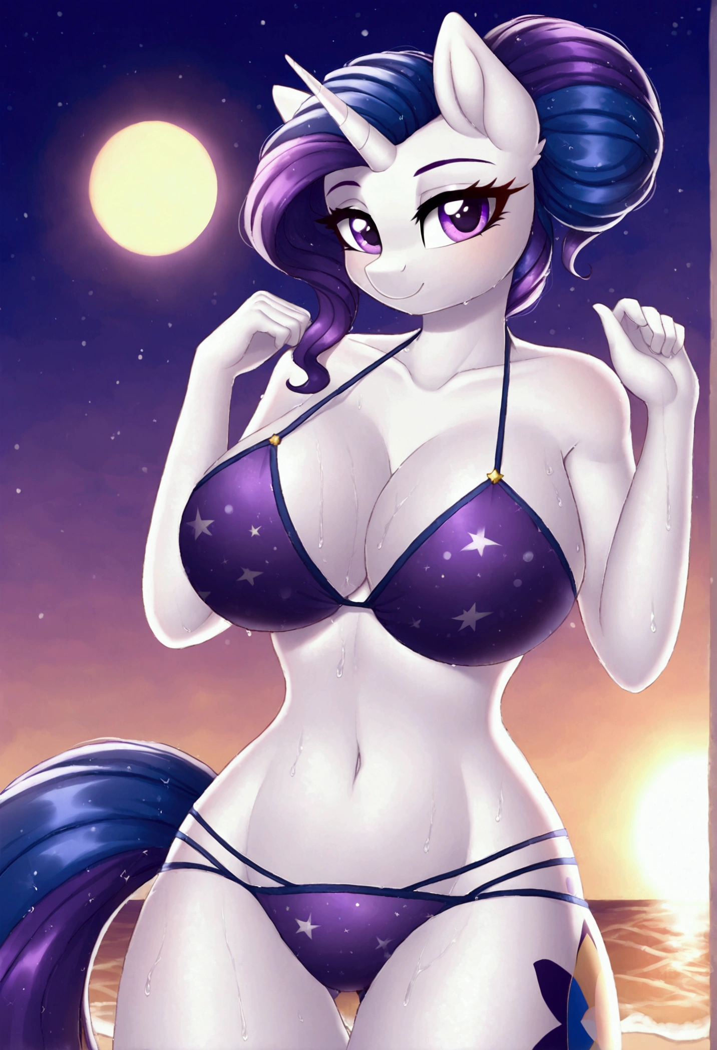 My little pony, anthro, white body, purple eyes, space hair pattern, space patterned erotic bikini, beach, big breasts, wet body, seduce pose, sun shafts, RTX, beautiful quality, summer memories, perfect summer day, day, sun