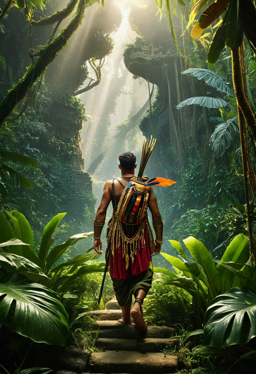 (Jungle Adventurer), walks among Jungle that sing with the wind, a tapestry of memories and dreams, revealing and hiding ancient secrets with each gust, a testament to the fleeting nature of time, full body, award-winning, cinematic still, emotional, vignette, dynamic, vivid, (masterpiece, best quality, Professional, perfect composition, very aesthetic, absurdres, ultra-detailed, intricate details:1.3)
