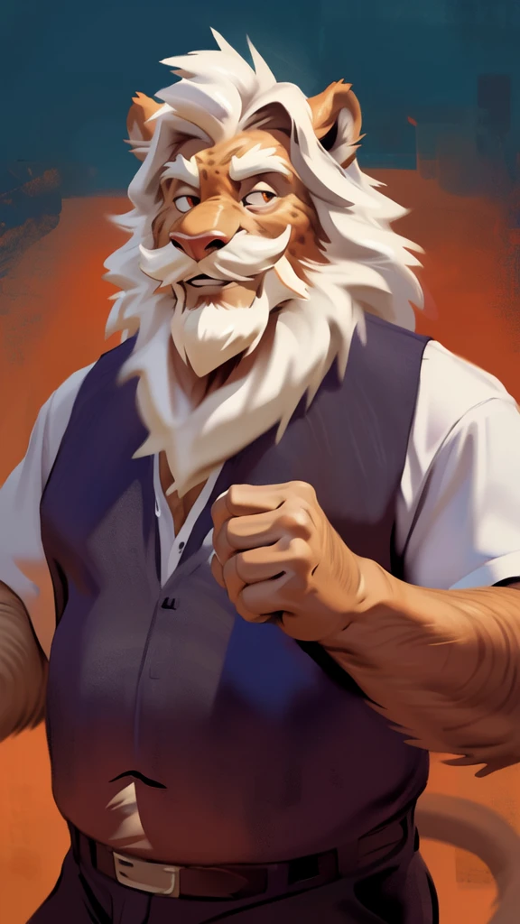 by chunie by catsudon by retros, male,ridiculuous,((mature,mature male)),((Bearded,mustache)), felid, solo, Lion,(white hair), facial hair, facing viewer, (((Grandpa Figure))), ((smilling)), red and orange spiral background, white shirt, smile, ((((wise)))),