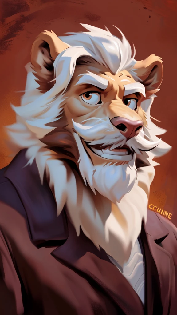by chunie by catsudon by retros, male,ridiculuous,((mature,mature male)),((Bearded,mustache)), felid, solo, Lion,(white hair), facial hair, facing viewer, (((Grandpa Figure))), ((smilling)), red and orange spiral background, white shirt, smile, ((((wise)))),