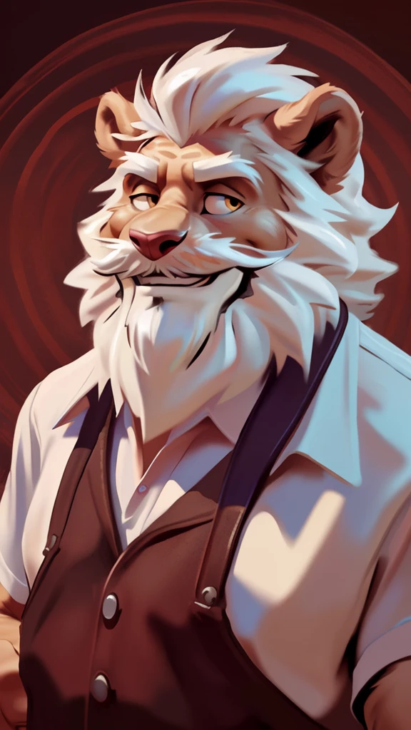 by chunie by catsudon by retros, male,ridiculuous,((mature,mature male)),((Bearded,mustache)), felid, solo, Lion,(white hair), facial hair, facing viewer, (((Grandpa Figure))), ((smilling)), red and orange spiral background, white shirt, smile, ((((wise)))),