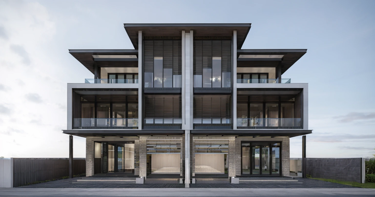 RAW photo, Exterior of dulex villa with three story white modern house, gate, garage, road, ((sidewalk)), ((sidewalk trees)), residences area, day time, tropical trees and plants, (high detailed:1.2), 8k uhd, dslr, soft lighting, high quality, film grain, Fujifilm XT3