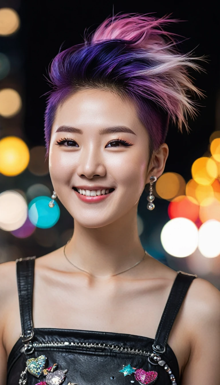 hyper ultra realistic photography, hyper ultra maximalism, sharp, focused and very detailed, a beautiful Korean woman, with a perfect face, clean white, smooth skin. punk rock hair, and punk rock appearance, smiling sweetly, like a princess from the kingdom of heaven. With a bokeh background, the sparkling colorful lights of a metropolitan city combine with the bright dark night of a metropolitan city.