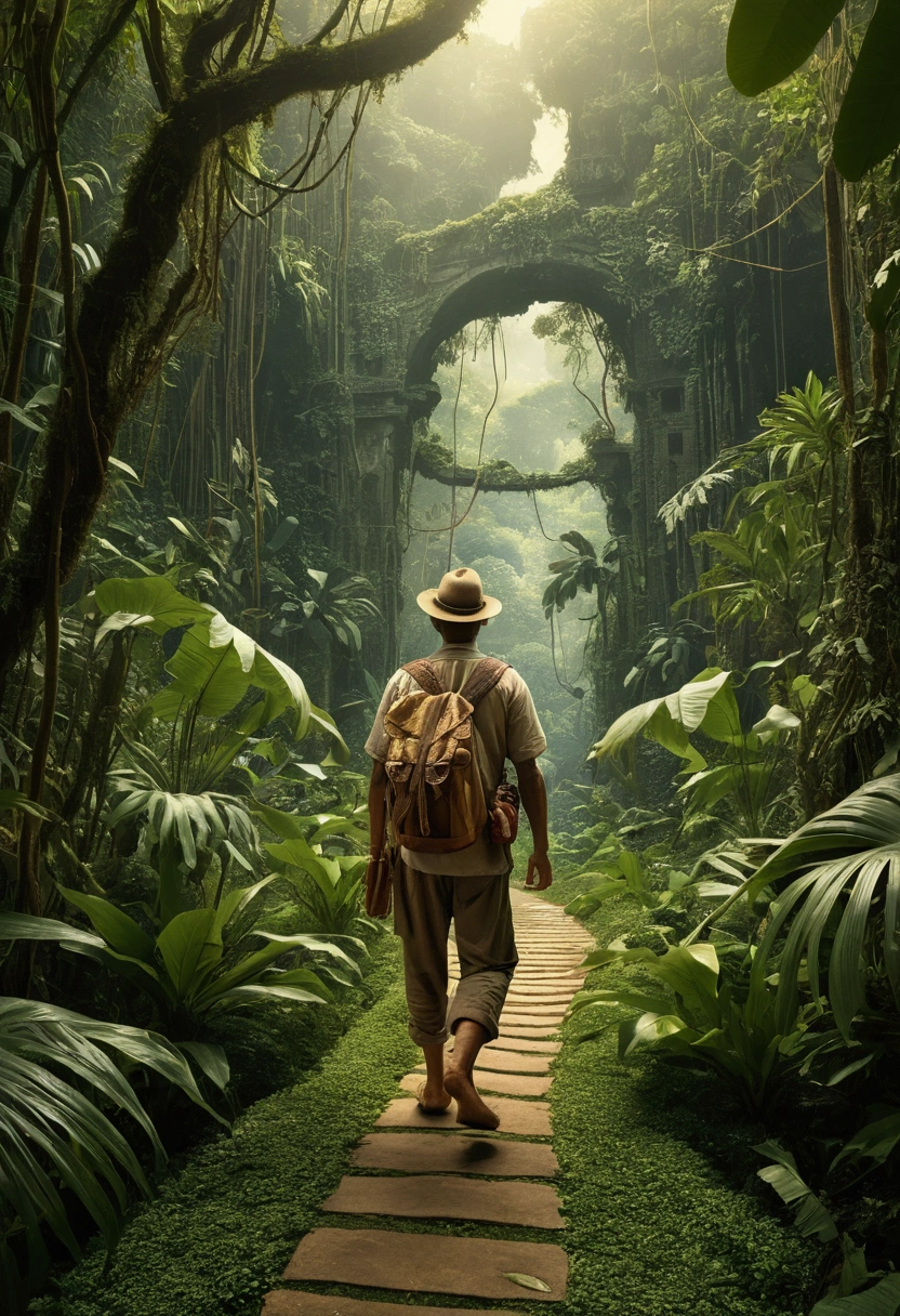 (Jungle Adventurer), walks among Jungle that sing with the wind, a tapestry of memories and dreams, revealing and hiding ancient secrets with each gust, a testament to the fleeting nature of time, full body, award-winning, cinematic still, emotional, vignette, dynamic, vivid, (masterpiece, best quality, Professional, perfect composition, very aesthetic, absurdres, ultra-detailed, intricate details:1.3)