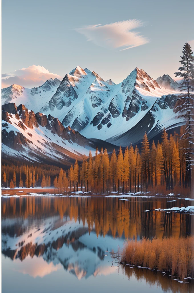 mountains are reflected in a lake with a few trees in the foreground, taiga landscape, award winning landscape photo, autumn mountains, mongolia, lpoty, near lake baikal, japan mountains, landscape photography, autumn tranquility, dusting of snow, large scale photo, russian landscape, landscape photo, a lake between mountains, alexander abdulov, nordic landscape, stunning landscape
